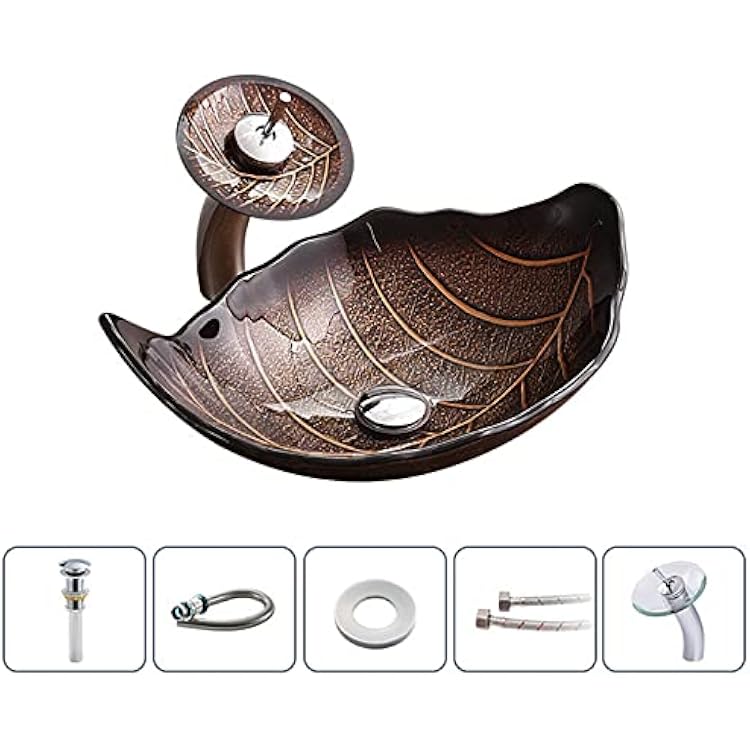 Tempered Glass Vessel Sink,Leaf Shaped Bathroom Wash Sink,Countertop Basin,with Waterfall Faucet and Pop-Up Sink Drain,for Bath Remodel,Brown