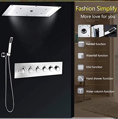 Cascada Vaticano LED Modern Shower System | Multi-Functions Shower head with Handheld Shower | Ceiling Mount | 15"x28" | 6-Knob Thermostatic Valve (15"x28", Antique Brass)