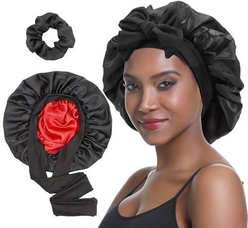 SENGTERM Gorro de cetim para mulher, de seda de dupla face, com fita elástica para cabelo encaracolado, chapéu de noite, Preto e vinho, Tamanho único