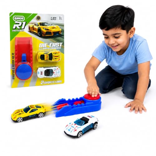 Image of WISHKEY Car Launcher Toy for Kids with 2 Die-Cast Cars, Mini Racing Car Launcher Set, Push Button High Speed Launch Track, 1:64 Scale Metal Sports Cars, Indoor Racing Game, Gift for Boys Age 3+ Years