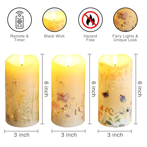 Eywamage Fiber Optic Flameless Candles Set of 3, Butterfly Floral Candles Battery Operated, LED Pillar Candles with Remote Φ 3\" H 6\" - Thumbnail 2