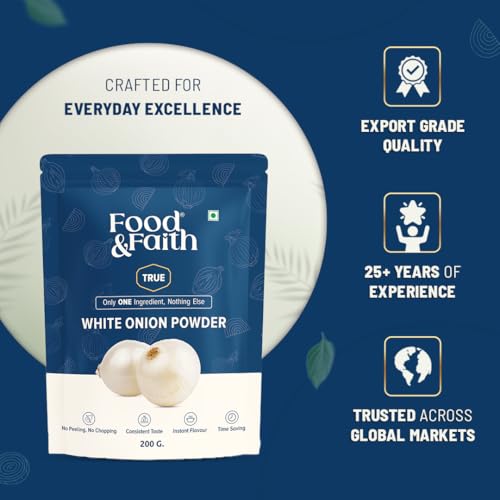Image of Food & Faith White Onion Powder 200g - Pure Dehydrated white pyaz Powder | Strong Aroma & Instant Flavor | Ready to Use Cooking Seasoning | No Preservatives, Additives or Fillers