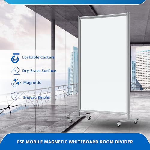 Image of FSE 373-MD4072W Mobile Magnetic Whiteboard Room Divider, 75 inch Tall Double-Sided Board, Sound Proof Partition Wall Divider with Locking Casters, Steel Frame, Ghost-Resistant Surface, White /Silver