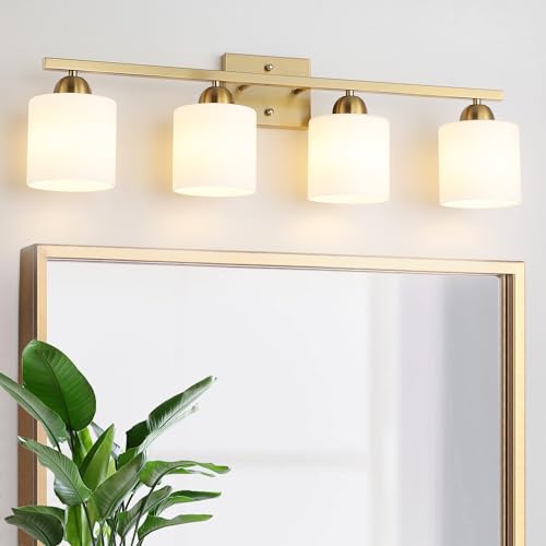 Image of Mecgirn Stainless Steel Milk Glass Vanity Lights for Bathroom, 4 Light Gold Bathroom Light Fixtures Over Mirror, Ceramic E26 Sockets Wall Mounted