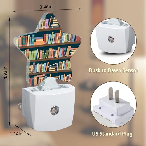 Image of Vintage Bookshelves Night Lights Plug in Wall Lamp Smart Dusk to Dawn Sensor for Home Decorative,Kids Room Bedroom Bathroom Kitchen Hallway Gifts