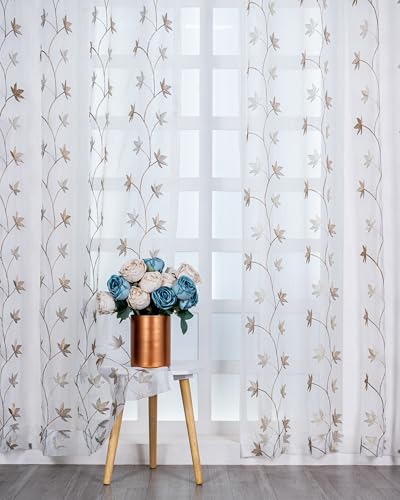 Image of (5 Ft Sheer Tissue with Embroidery Flower Design | Grommet Curtains Window Curtain | Window Curtain (Brown) | for Home | Pack of 2 | 152 L X 121 W Centimeters