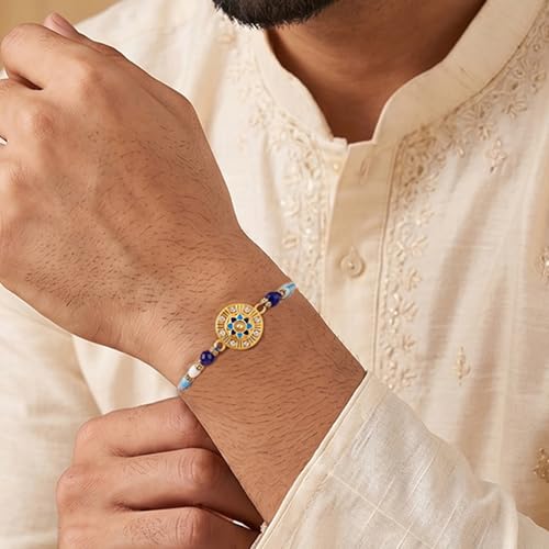 Image of Peora Rakhshabandhan Thread Rakhi for Brother Bhaiya | Kundan Beads & Crystal Studded | Combo Set of 2 | Rakhi Hamper Roli Chawal & Greeting Card