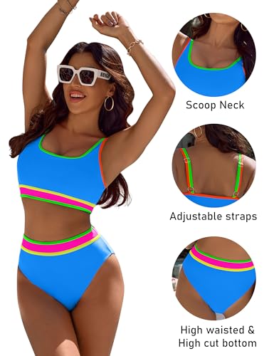 Image of BMJL Women's High Waisted Bikini Sets Sporty Two Piece Swimsuits Color Block Tummy Control Modest Bathing Suit