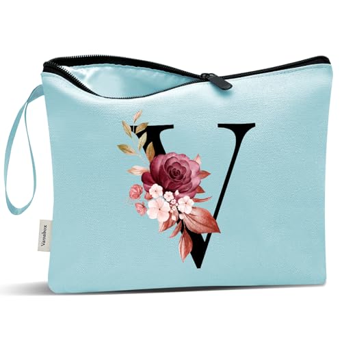 Image of Vavabox A-Z Personalized Makeup Bag, Birthday Gifts for Women Mom, Gifts for Best Friend, Bride Bridesmaid Cosmetic bag (V, Aqua)