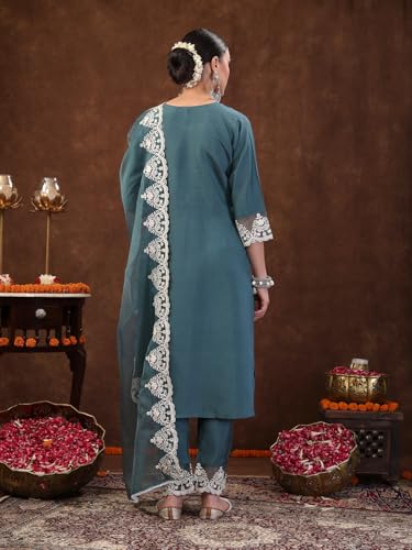 Image of Stylum Women's Embroidered Silk Blend Straight Kurta with Pant & Dupatta