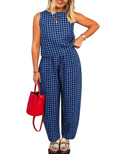 Zontroldy Women's Summer Casual Two Piece Outfits Gingham Crop Tank