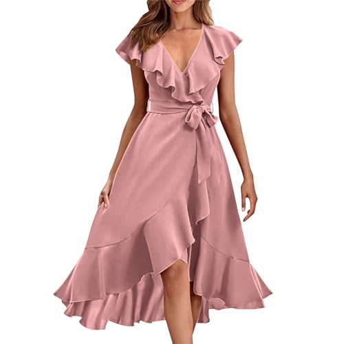 Kleid Elegant Damen Lang: Sexy Sommerkleid Damen Kurzarm Solide Midikleid A-Line Dünner Festliche Kleid V-Ausschnitt Hohe Taille Cocktailkleid Casual...