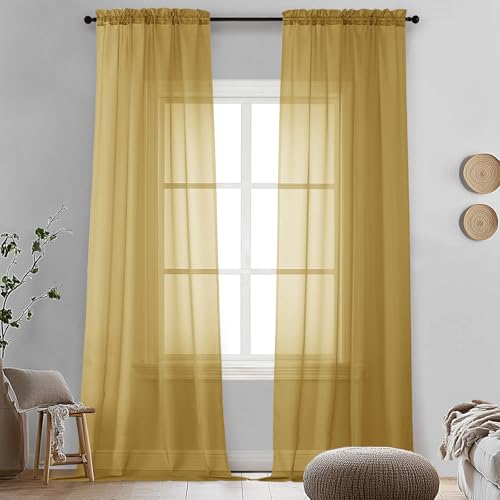 Image of OVZME Gold Sheer Curtains 96 Inches Long 2 Panels - Soft Light Filtering Window Sheer Panels for Living Room /Bedroom, Top Dual Rod Pocket, 1 Pair, Each 42Wx96L Inches