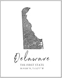 Delaware State Map Wall Art Print - 8x10 Silhouette Decor Print with Coordinates. Makes a Great DE-Themed Gift. Shades of Grey, Black & White.