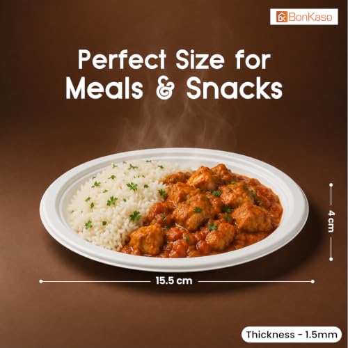 Image of Bonkaso 6 Inch, Pack of 25 Bagasse Disposable Round Plates (White)| Eco-Friendly Sugarcane Paper Plates | Biodegradable, Compostable & Sturdy | Ideal for Snacks, Desserts, Parties, Weddings & Events