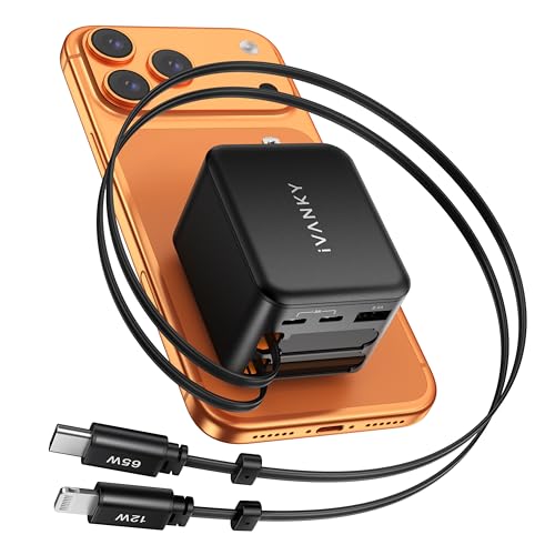 iVANKY 65W Retractable Wall Charger for MacBook, 5-in-1 USB C+Lightning