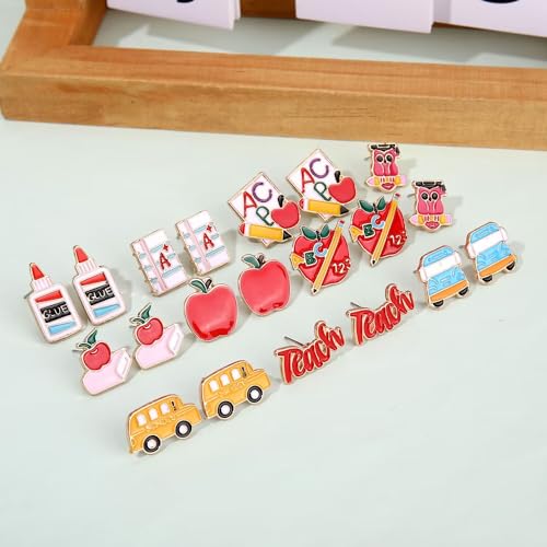 Teacher Earrings Hypoallergenic Cute Small Stud Earrings Funky Apple Books Pencil Teach Owl School Themed Studs Back to School Season Jewelry Teacher’s Day Appreciation Gifts for Students Teacher3