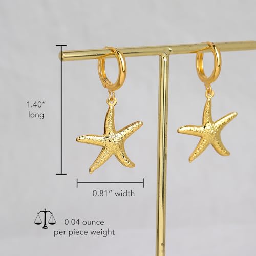 Image of Gold Starfish Mermaid Tail Dangle Drop Earrings for Women, Trendy Cute Pearl Fish Tail Shell Textured Hoop Dangling Earing Summer sea Beach Jewelry Gift.