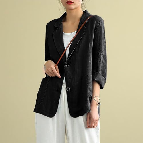 Womens Linen Suit Shirts Jackets Solid Color Long Sleeves Button Notched Collar Business Casual Blazer Blouse Tops4