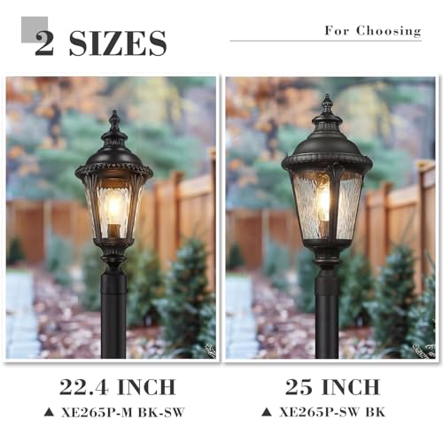 Image of Emliviar Matte Black Lamp Post Light Fixture, 22.4 inch Aluminum Outdoor Waterproof Post Lighting for Yard and Garden, Water Ripple Glass, XE265P-M BK-SW