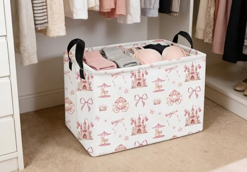 Image of Essme Rectangular Pink Baskets,Girls Storage Box,Cute Basket for Kids with Handles for Room Decor, Book Bins,Shelf Basket.(Castle)