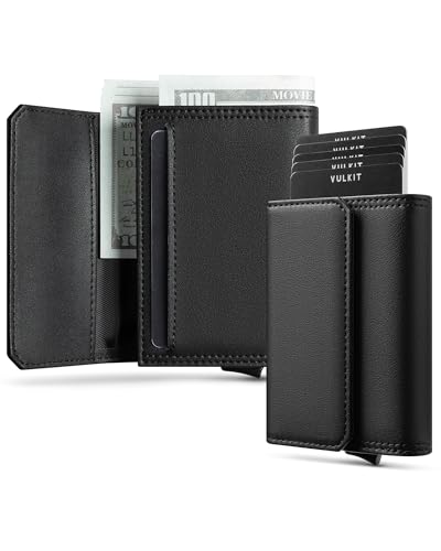VULKIT Mens Minimalist Wallet RFID Blocking with Pop-Up Card Holder, ID Window and Cash/Bills Slot, Gift Box Packed, Black