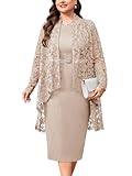 TIARALY Plus Size Formal Dress Suit 2 Pcs Mother of The Bride Groom Dresses Set with Lace Jacket Elegant Dressy Outfits, Champagne, 1X