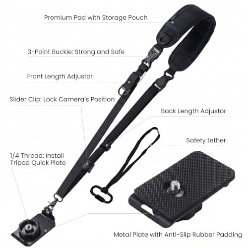 Image of Waka Rapid Camera Neck Strap with Quick Release and Safety Tether, Adjustable Shoulder Sling Strap for Nikon Canon Sony Olympus DSLR - Black