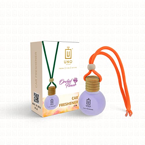Image of UNO Aroma Car Air Freshener Scent, Long Lasting Car Perfume with Hanging Pod, Natural Essential Oil in Glass Bottle with Wooden Diffuser (Fragrance-Orchid, 15ml, Last Upto-30 Days)