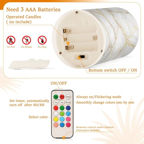Image of Flickering Flameless Candles, Marble Gray White Golden Texture LED Candles with Remote Timer, Set of 2 Battery Operated Candle for Valentine Wedding Birthday