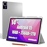 14 Inch Tablet, Android 15 Tablet, 16GB RAM+256GB ROM, 1920x1200 FHD IPS Display, Widevine L1, 10000mAh Battery, Bluetooth 5.0, Multi-Angle Stand Case & Stylus Pen, 6ft USB Cable — Gray