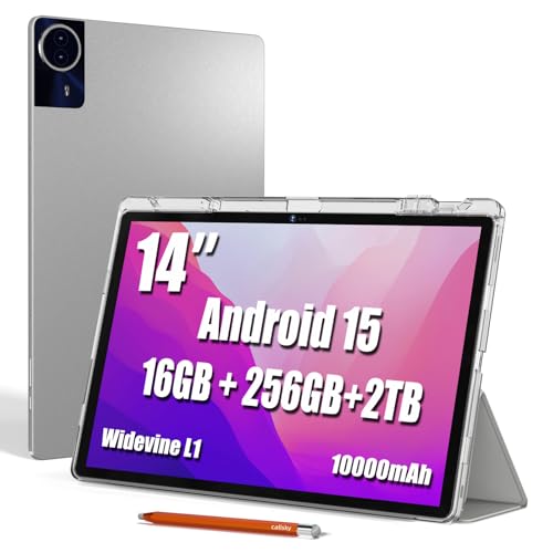 14 Inch Tablet, Android 15 Tablet, 16GB RAM+256GB ROM, 1920x1200 FHD IPS Display, Widevine L1, 10000mAh Battery, Bluetooth 5.0, Multi-Angle Stand Case & Stylus Pen, 6ft USB Cable — Gray