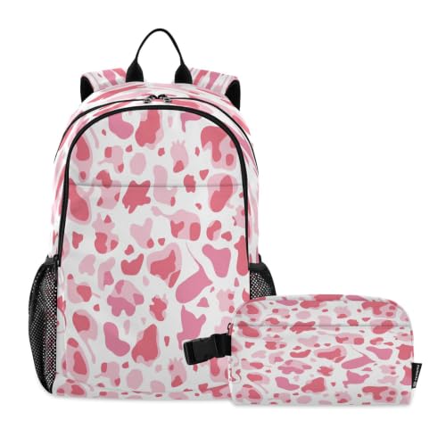 Sac à dos étudiant imprimé vache rose grand volume avec pochette repas assortie