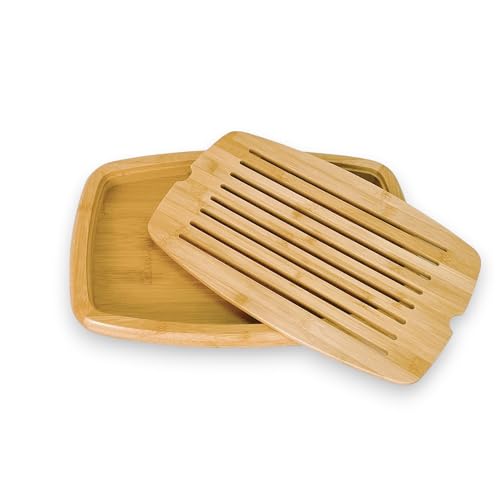 Tabla para Cortar Pan de Bambú, con Bandeja recogemigas, Robusta y Resistente, 8 Canales horizontales, Madera, Beige, 39x26x3cm