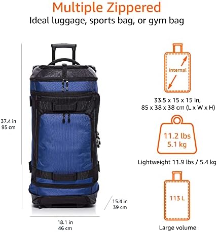 Amazon Basics Wheeled Duffel Bag with Telescopic Handle and Carrying Handles, 96 x 47 x 41cm, 113 Litres, Blue