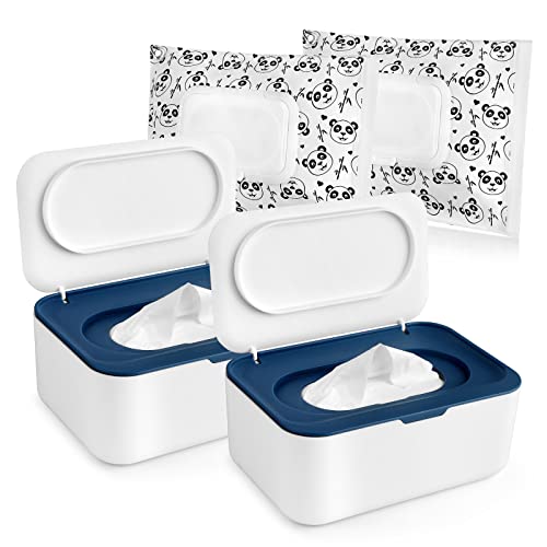 Image of TORASO Wipes Holder, Wipes Dispenser with Lid, Pouch with Lid, Baby Wipes Case Keeps Wipes Fresh， Wipe Container Regular Storage Case Box(2Blue+2panda)