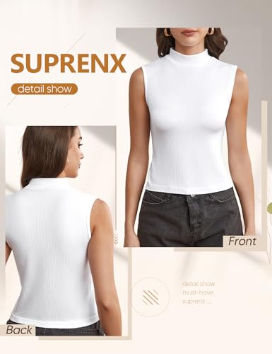 Image of Women's Mock Turtleneck Top Sleeveless Solid Rib Knit Form Fitting Scoop Tank Tops Basic Cami Shirts
