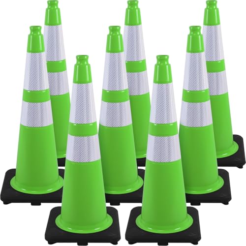 Fluorescent Green PVC Traffic Cones, Heavy Black Base Parking Lot Cone Structurally Stable Weatherproof Road Construction Safety Cones (8, Green, 28″ Large)