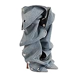 THESHY Women's Denim Knee High Boots Buttons Fashion Thigh High Boots Pointed Toe Stiletto High Heel Pleated Fold Over Party Dress Jean Boots for Women