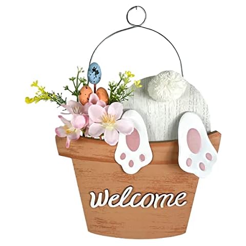 HOMirable Easter Sign Welcome Bucket Bunny Wall Decor Farmhouse Rabbit Decorations for Home Rustic Wooden Hanging Sign Funny Bunny Decor for Front Door Garden Yard Indoor Outdoor Holiday Cover