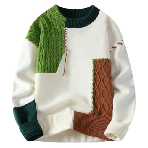 Men Patchwork Knitted Sweater Daily Casual Crew Neck Long Sleeve Pullover