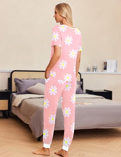 Image of Ekouaer Pajamas for Women Set 2 Piece Fall Lounge Sets Short Sleeve Pjs Joggers Long Pants Sleepwear with Pockets