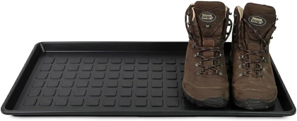 PRADICHI Heavy Duty Plastic Boot Tray with Raised Edges - Multipurpose Entryway Shoe Tray & Drip Mat - Waterproof Pet Food Tray & Garden Tool Organizer - Durable All-Weather Floor Protector (Black)
