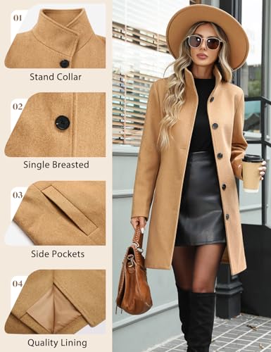 Women's Winter Single Breasted Pea Coat Casual Stand Collar Overcoat Work Office Classic Jacket with Pockets3