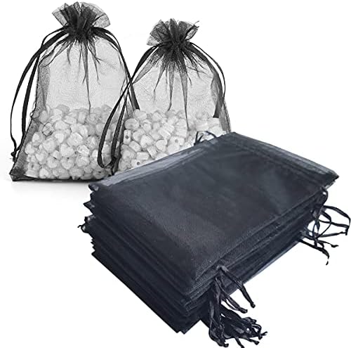 Pimuza 100 Pcs 4x6 inch Gift Wrap Bag Black,Organza Sheer See Through Tulle Fabric,Drawstring Reusable Pouches for Baby Shower Favor,Bachelorette Party,Sample Packing Decorative,Valentine Day,Set of 1