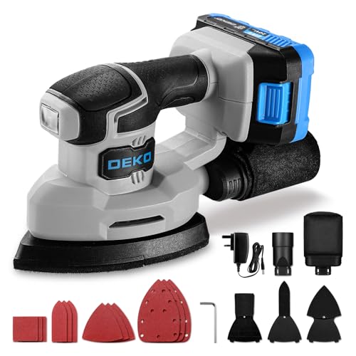 Cordless Mouse Sander for Wood: DEKOPRO 20V Detail Sander with Dust Collector and Battery 13000 RPM, 3 Additional Attachments 12PCS Sandpapers - Compact & Ideal for Tight Space Sanding Blue-Gray