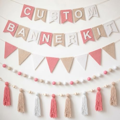 SmoothNovelty 139 Pcs Felt DIY Custom Banner Kit Include 104 Letters 18 Swallowtail Flags 15 Pennants 2 Pcs Pom Pom Garland Tassel Pompom Decoration for Home Baby Shower Birthday(Baby Pink)