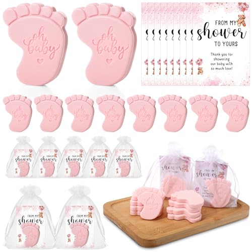 Image of 50 Sets Baby Shower Soap Favors for Guests - Mini Handmade Footprint Scented Soap with Thank You Cards and Organza Bag, Party Gifts for Gender Reveal Baptism(Bear,Pink)