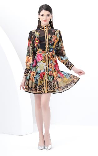 Image of LAI MENG FIVE CATS Women's Floral Print Lantern Sleeve Ruffle Casual Button Belted Thin Loose Fit Mini Dress