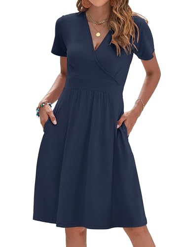AUSELILY Navy Blue Dress for Women Knee Length Short Sleeve